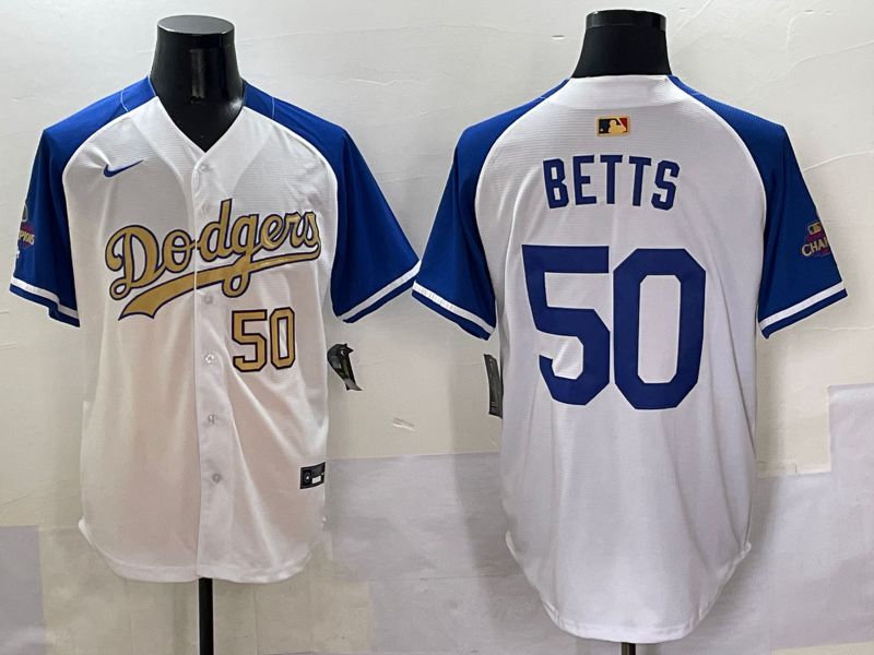 Men Los Angeles Dodgers #50 Betts White Blue Champion gold character Nike 2025 MLB Jersey style 5051->los angeles dodgers->MLB Jersey